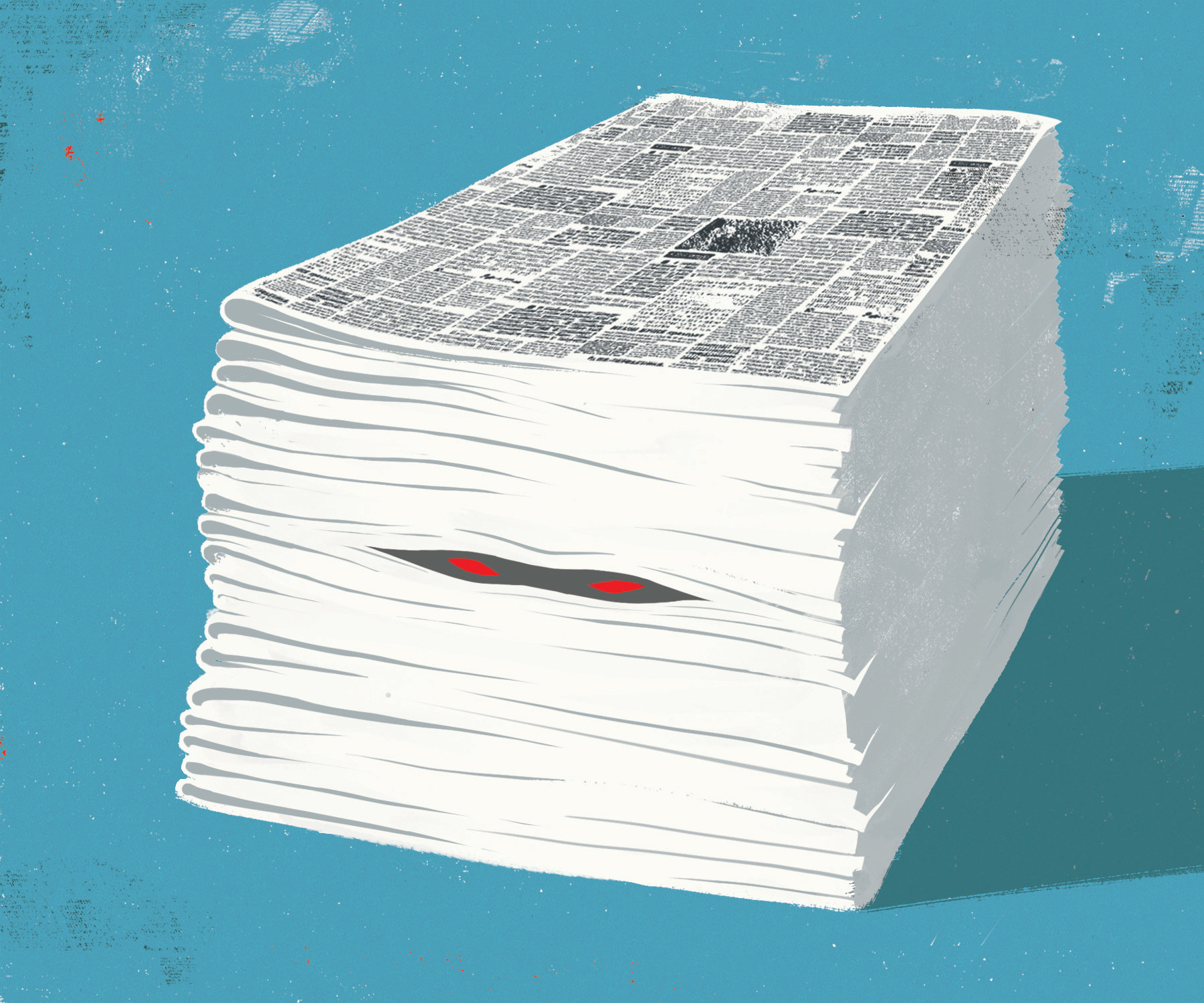 Illustration of a tall stack of newspapers with two red eyes peering out from between the pages on a teal background