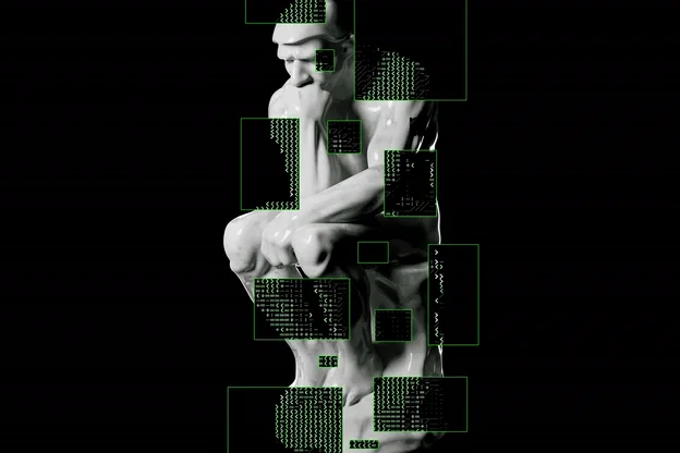 The Thinker sculpture overlaid with green circuit-like data fragments — symbolizing reasoning at the AI frontier