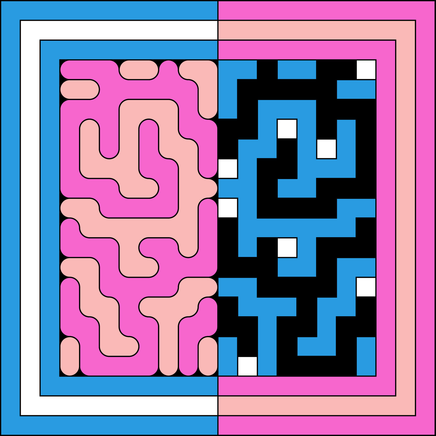 Abstract geometric pattern in pink, blue, black and white — interlocking maze-like forms suggesting structured information
